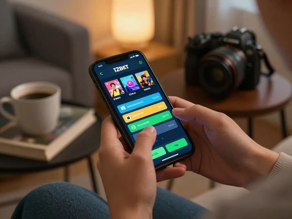 Player enjoying online betting with the 12bet app on smartphone amidst a cozy home environment