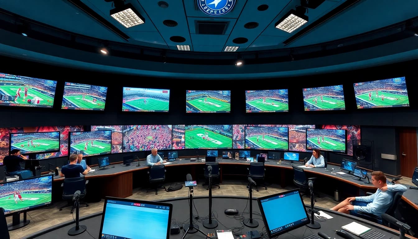 Dynamic setting of sports broadcasting with multiple screens showcasing events.