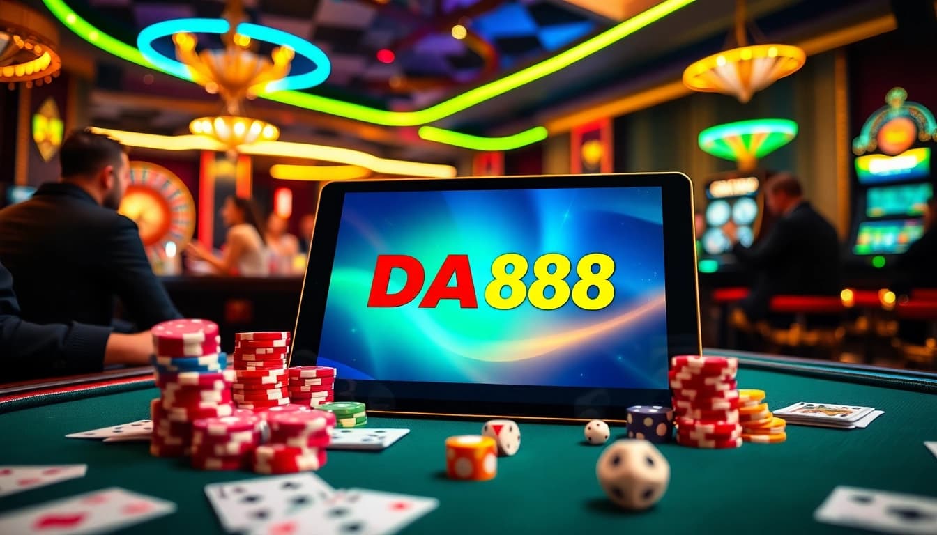 DA88 online gamblers engaging with casino tables and vibrant game interfaces.