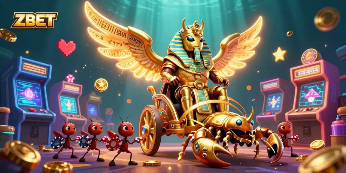 ZBET captivates players with a 3D illustration of a golden scarab beetle and casino elements.