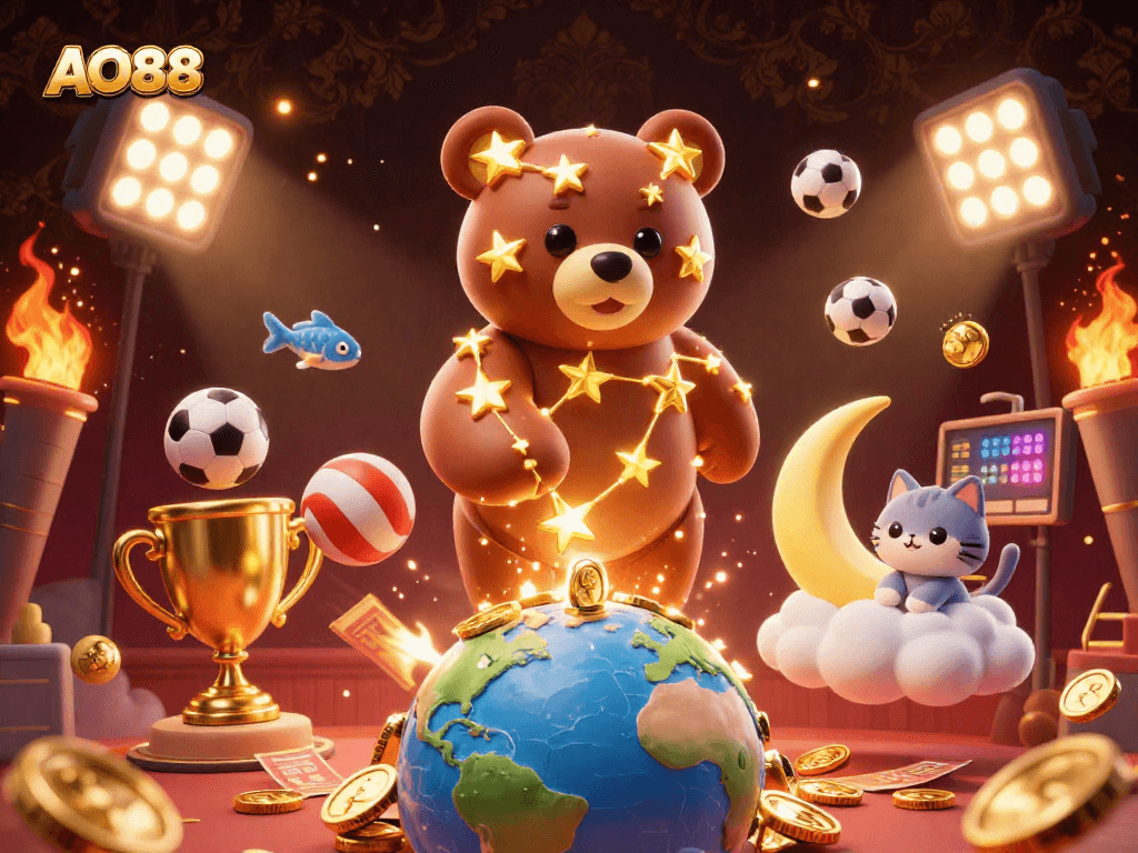 Bet on sports with AO88's constellation bear and coins from the night sky in a vibrant casino scene.