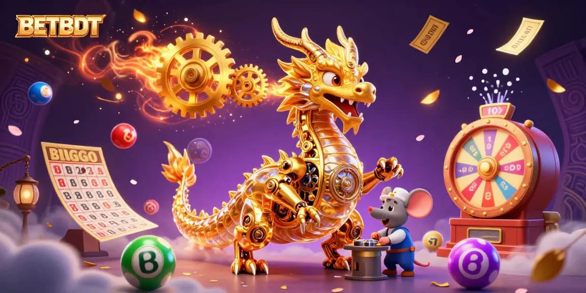 Experience BETBDT's vibrant gaming world as a golden dragon breathes gears among lottery elements.