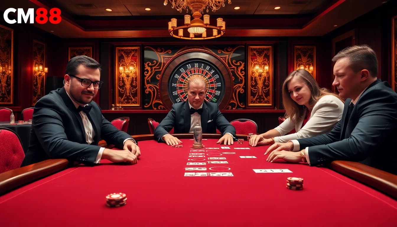 Players strategizing at a high-stakes poker table at CM88, showcasing excitement and luxury.