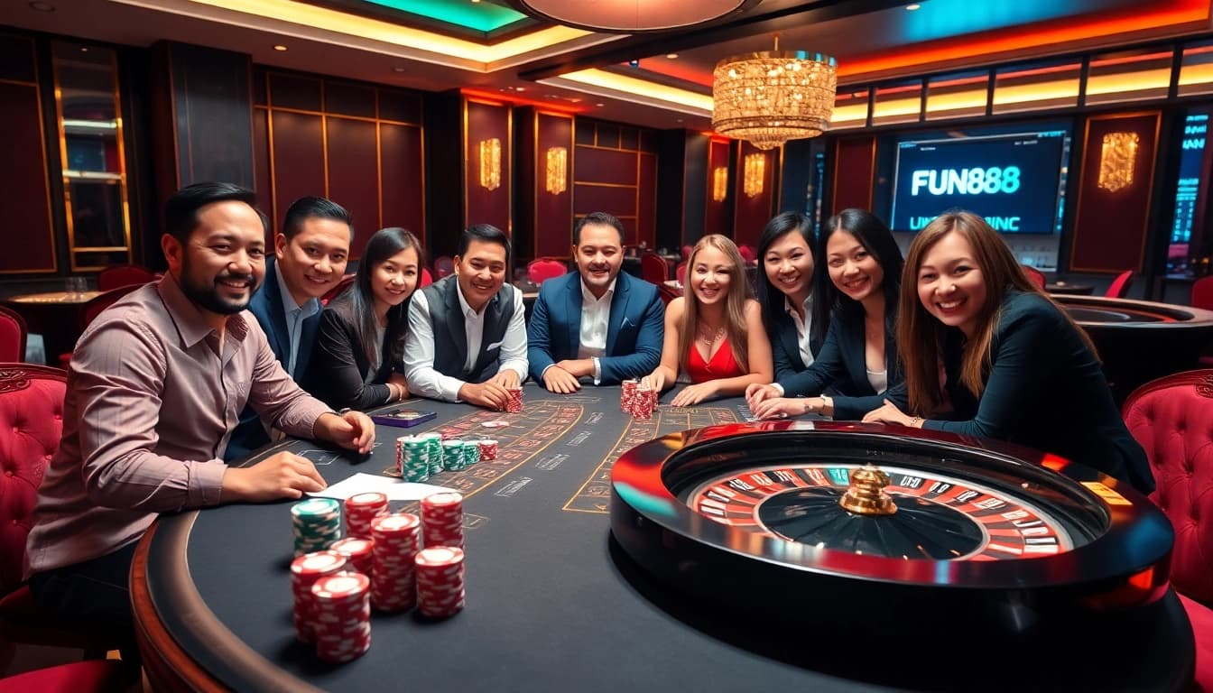 Excited players engaging in FUN88 đăng nhập at a stylish casino table with vibrant poker chips.