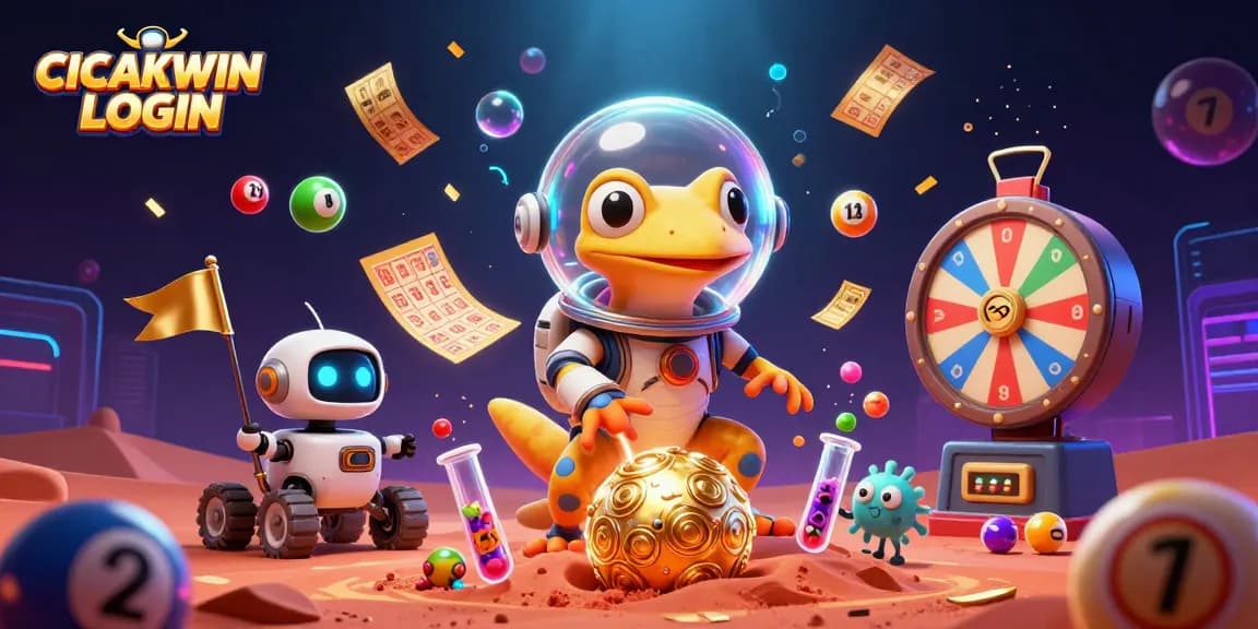 CICAKWIN LOGIN showcases a captivating scene of a gecko discovering a golden casino surrounded by vibrant gambling elements.