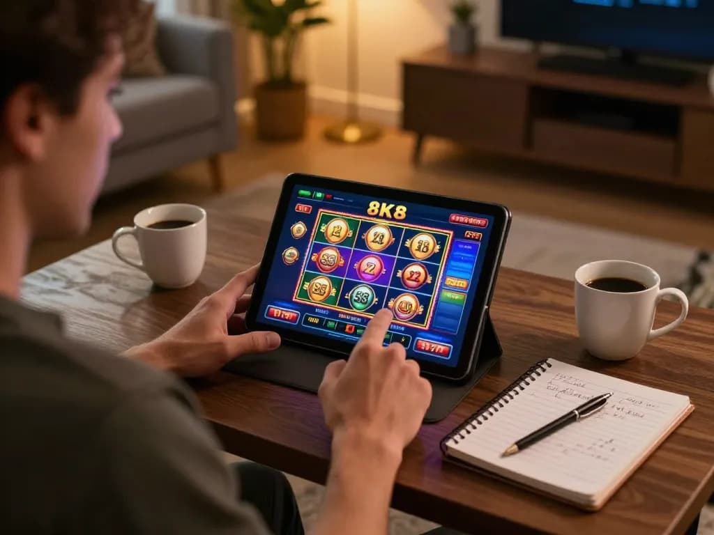 Engaged player enjoys slot games on 8K8 casino app in a cozy home setting.
