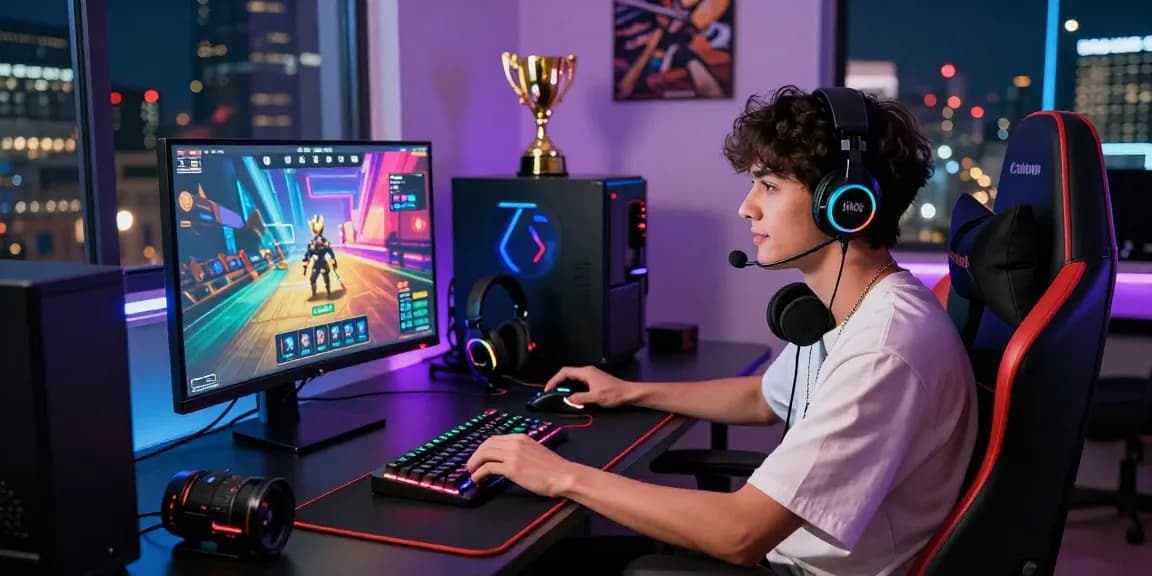 Engaged gamer enjoying iWin online gaming setup with vibrant visuals and stylish accessories.