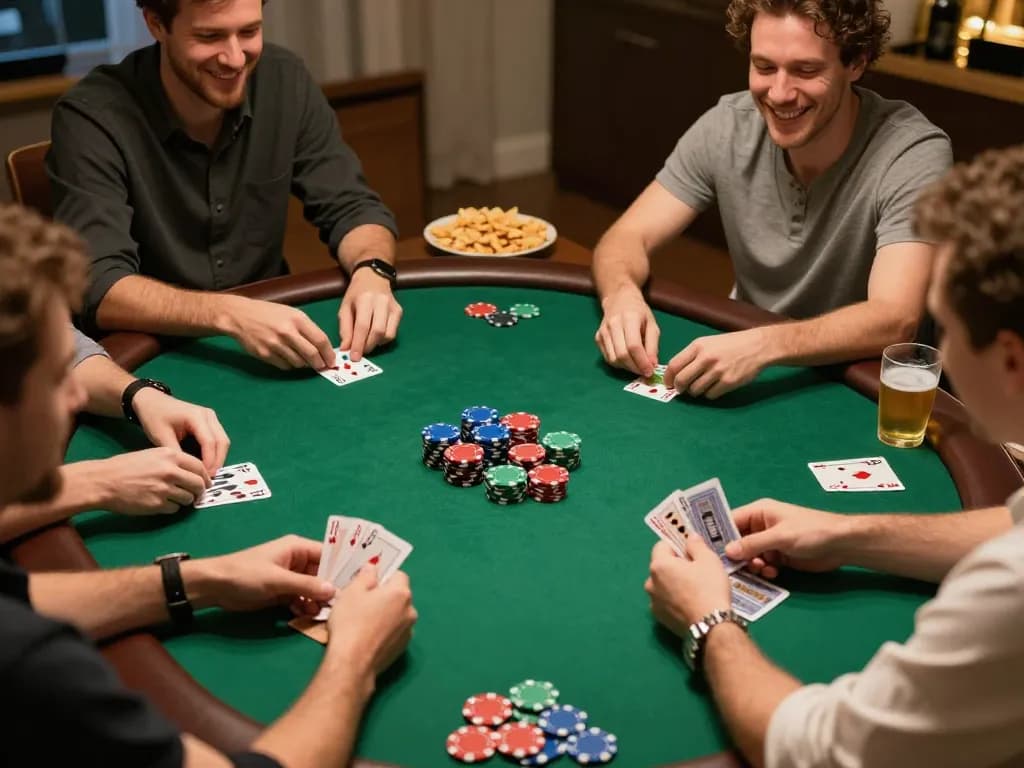 Players enjoy an exciting home poker night with go88, engaging in strategic card games.