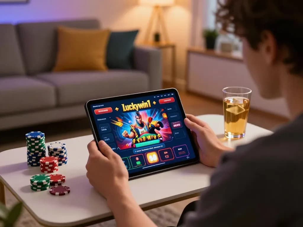 Engaging online casino experience with Luckywin1 on a tablet, showcasing vibrant gaming atmosphere