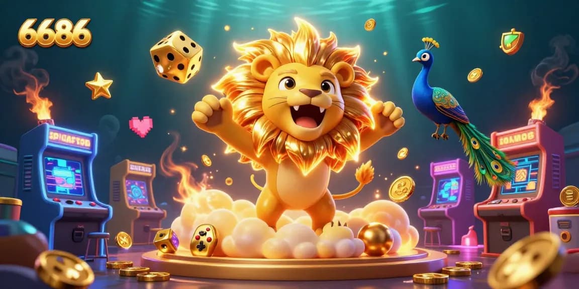 Win big with 6686, featuring a roaring sun lion and golden dice in this vibrant casino scene.