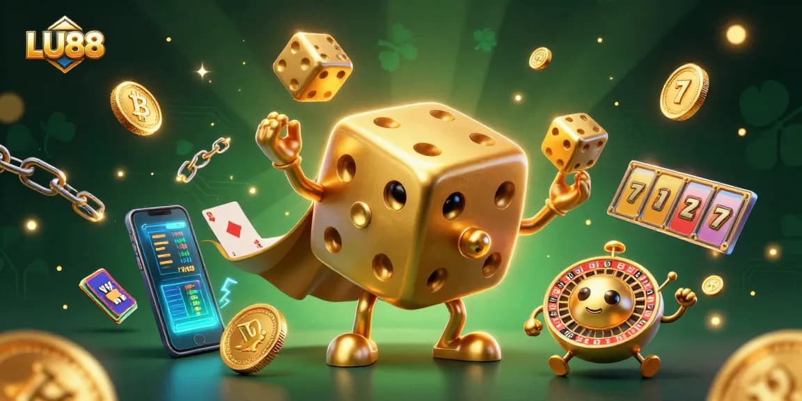 Experience thrilling slots action with LU88's captivating illustration featuring golden dice and vibrant crypto elements.