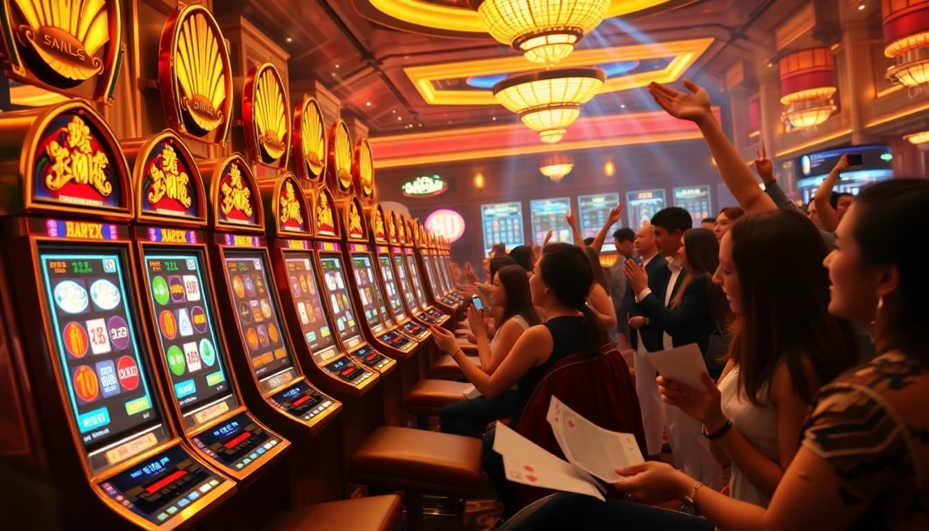 Nổ hũ players celebrating big wins at a luxurious casino environment with vibrant slot machines.