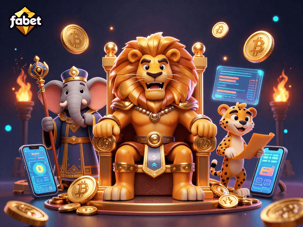 Join fabet's fantasy realm with the lion king and his allies in a vibrant casino scene.
