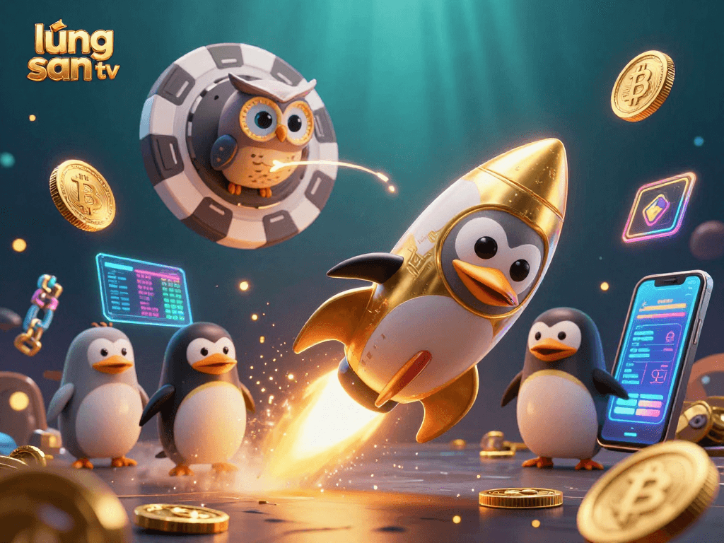 Experience the thrill of football streaming with lương sơn tv's dynamic scene featuring a golden penguin and casino elements.