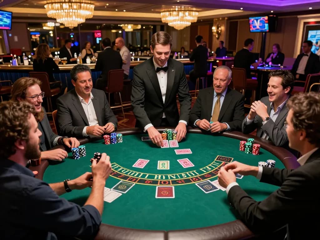 Players engaging in a thrilling hand of blackjack at s666 casino, vibrant chips and cards visible, celebrating high-stakes action