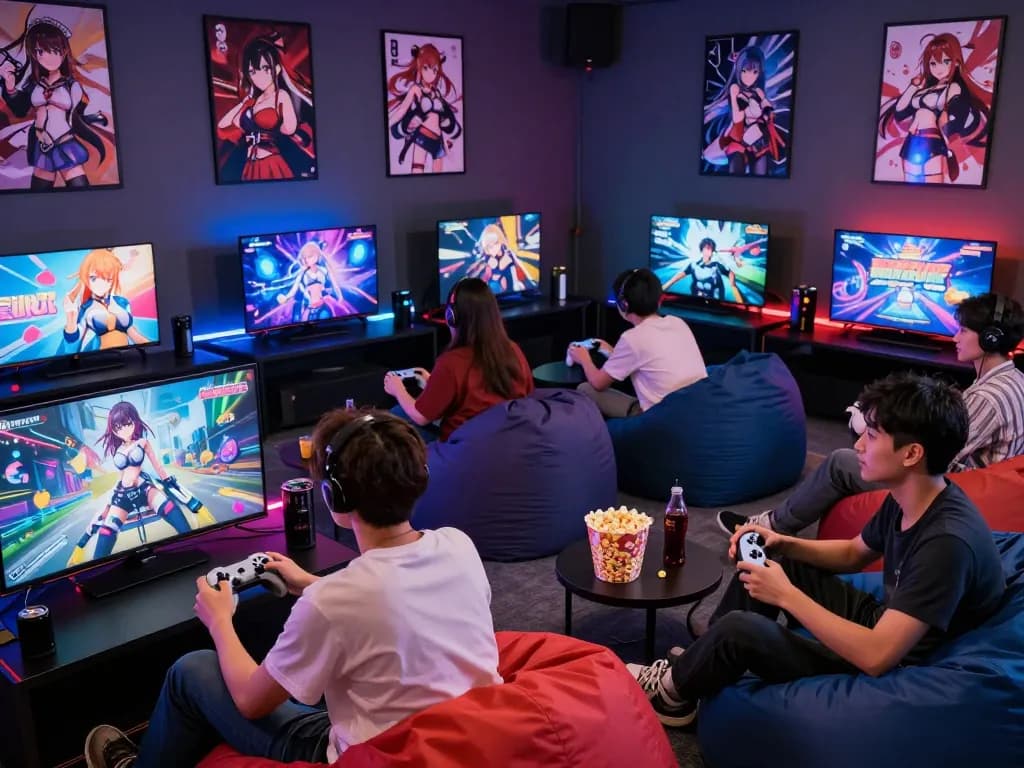 Enjoy thrilling hentai games in a vibrant gaming lounge with engaging players and neon lights.