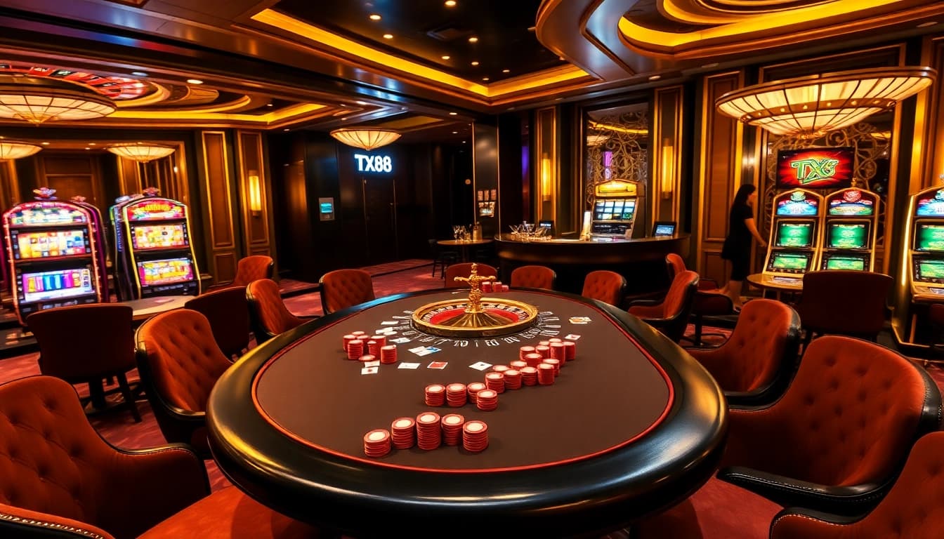 Experience thrilling gameplay at TX88 Casino, featuring a vibrant poker table and exciting slots.