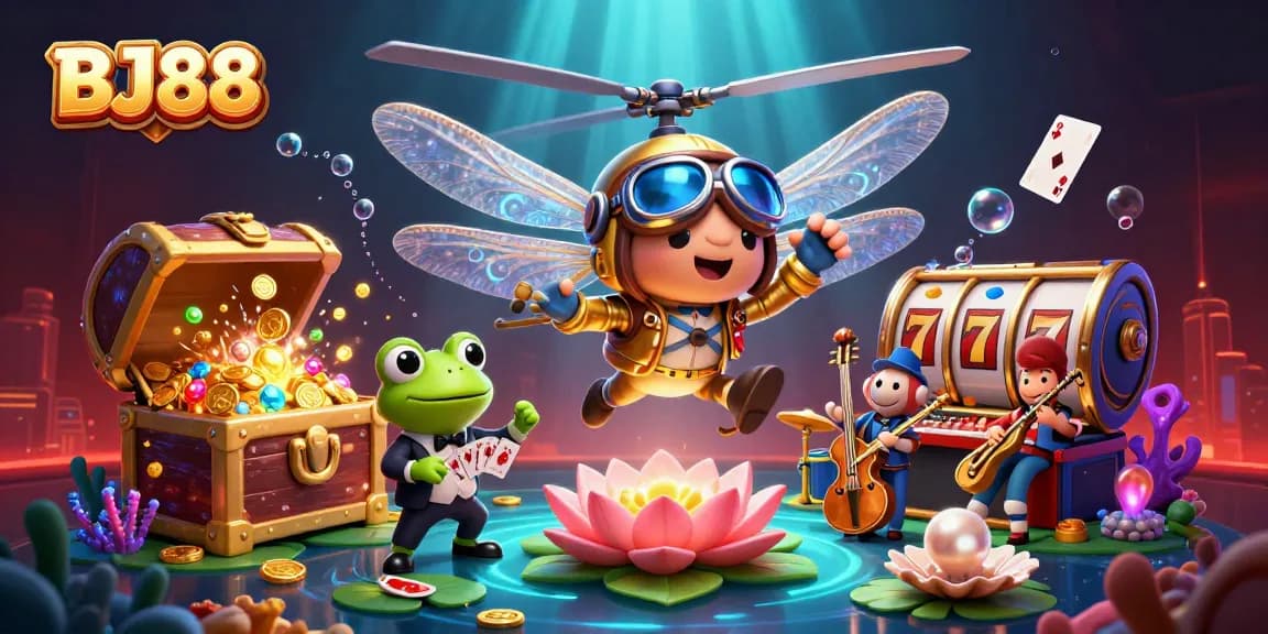 Experience the vibrant excitement of BJ88 with a dragonfly pilot and lively casino scene.