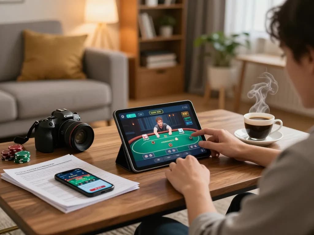 Engaging in strategic poker gameplay on ww88 in a cozy home atmosphere, with tablet and notes displayed