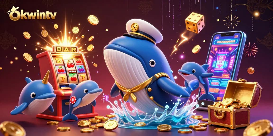 Engage with okwintv's dynamic casino experience featuring cartoon whales and slot machines in vibrant detail.