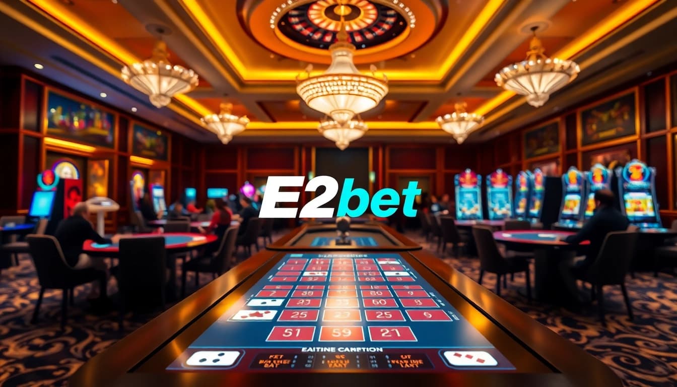 Engage in thrilling gameplay at E2bet's luxurious casino with vibrant slot machines and elegant tables.