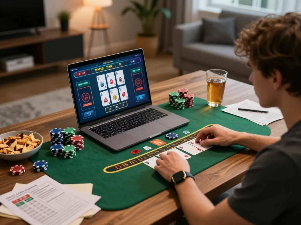 Engage in thrilling online blackjack at okfun with a cozy home gaming setup and strategic notes.