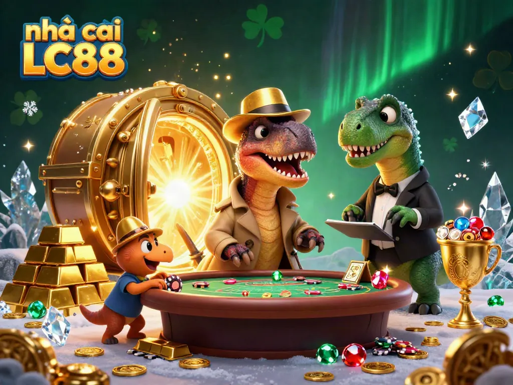 Engaging scene with nhà cái LC88 showing a velociraptor card counter and stegosaurus pit boss at a blackjack table surrounded by treasure.