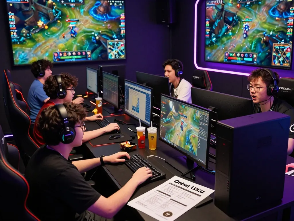 Engaged gamers strategizing Onbet LOL bets in a vibrant esports environment