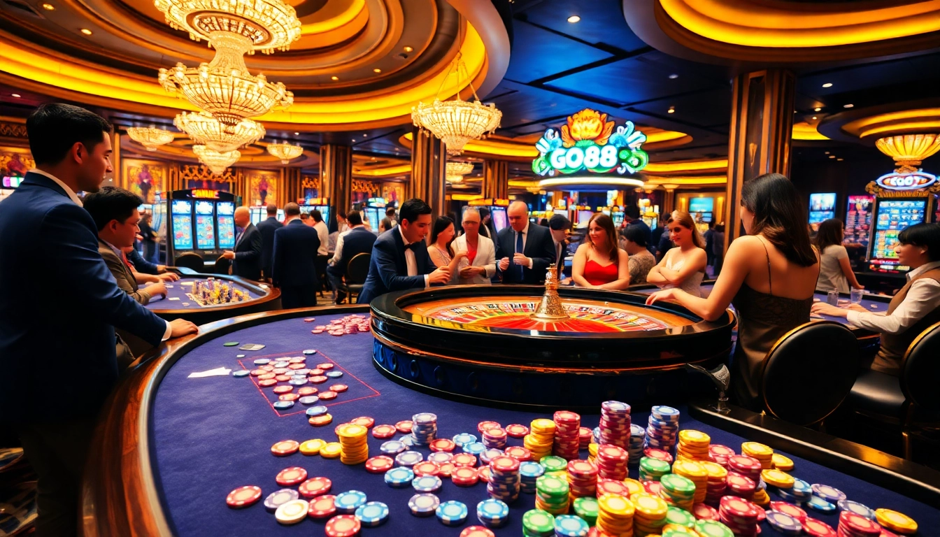 Experience thrilling gaming at go88 with colorful roulette, vibrant poker chips, and exciting slot machines.