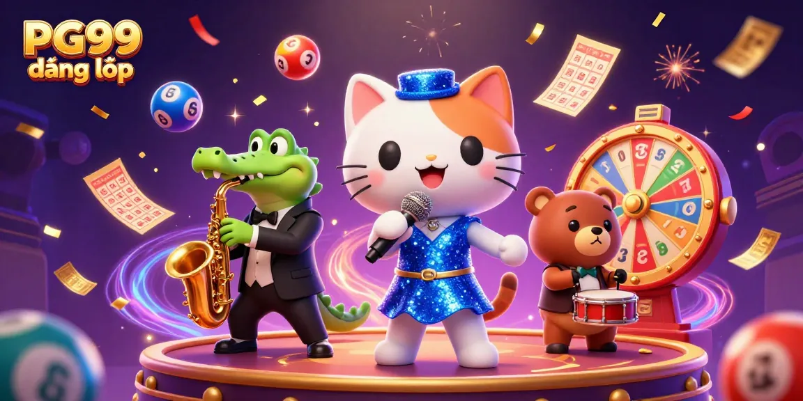 Experience PG99 đăng nhập while enjoying vibrant 3D casino characters celebrating with lottery elements and confetti.