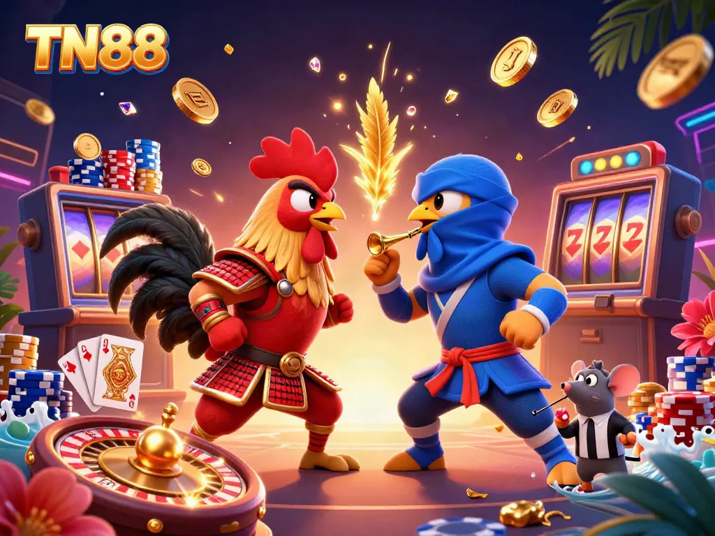 Engage with the thrilling TN88 casino experience featuring dynamic cartoon roosters in an electrifying face-off.