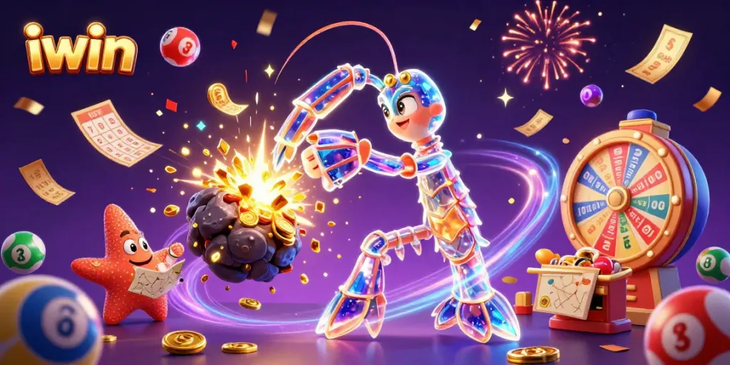 iwin showcases a galactic mantis shrimp victory with golden gems and vibrant game elements in motion.