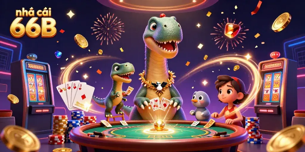 Experience the excitement of nhà cái 66B with a vibrant 3D casino scene featuring animated dinosaurs.