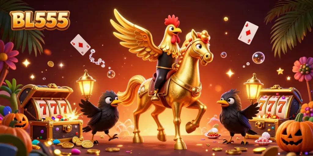 Experience thrilling gameplay with BL555, featuring a golden rooster in a vibrant casino scene.