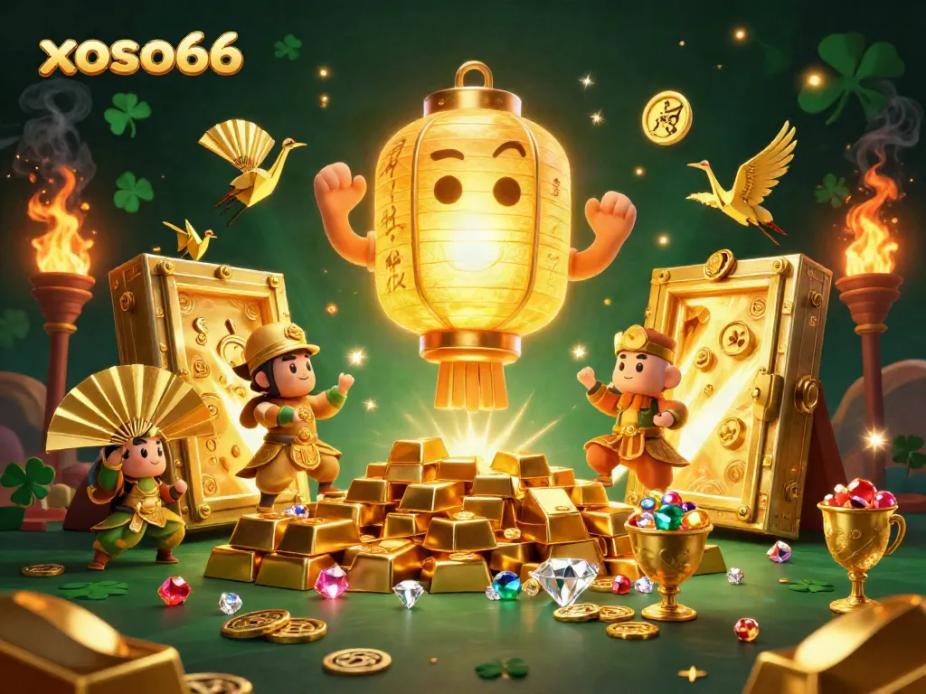 Engage with xoso66's vibrant casino world featuring a golden lantern spirit and rich loot.