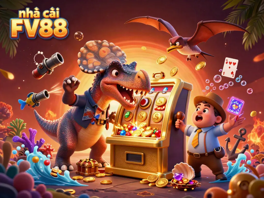 Experience the vibrant action at nhà cái FV88, where a dinosaur battles a slot machine for jackpots!