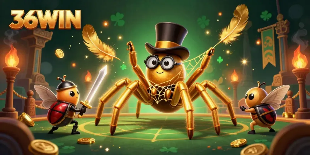 Join the thrilling adventure of 36WIN with a giant tarantula and beetle knight in an enchanting casino.