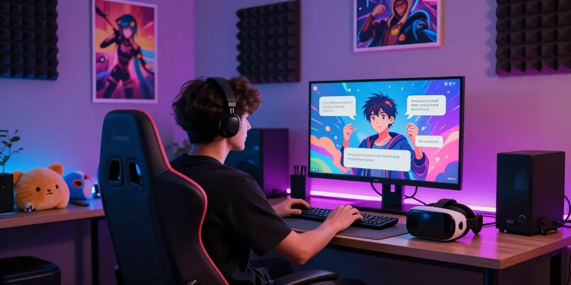 Immersive user engaging in ai ecchi chat with vibrant anime characters displayed on screen.