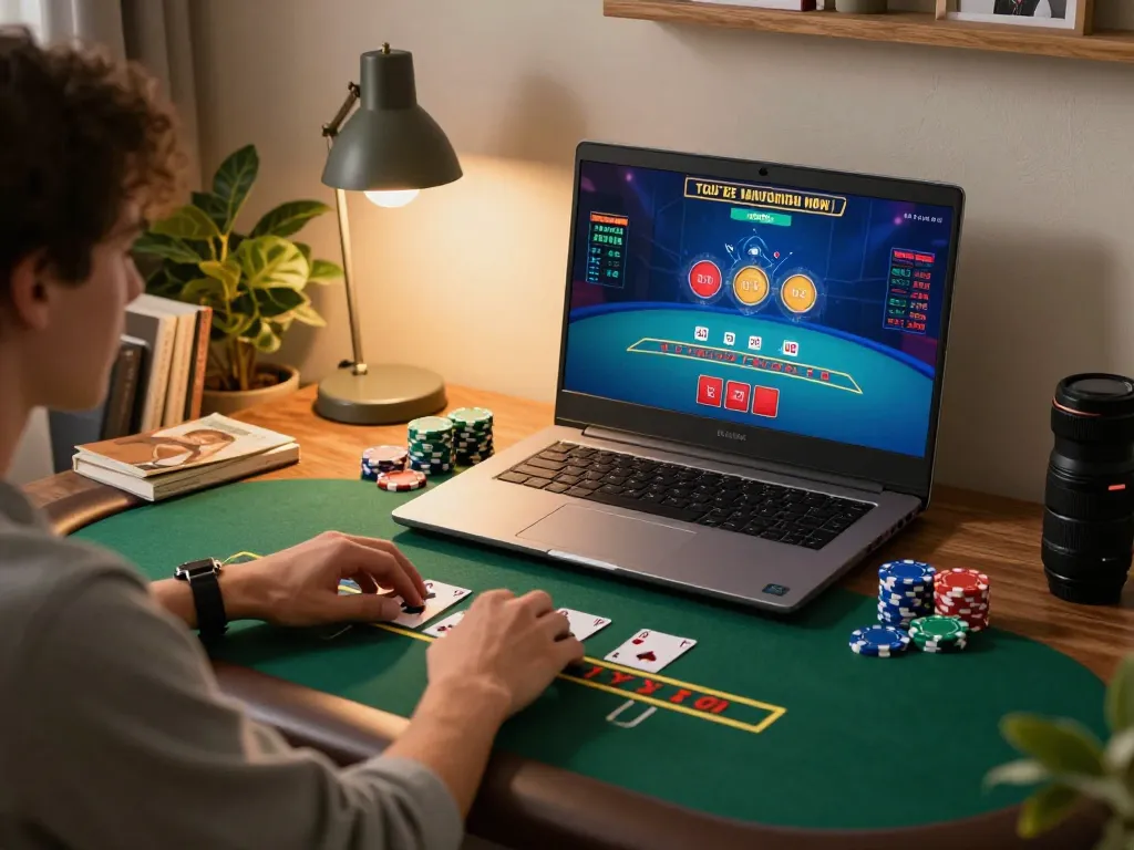 Engaging blackjack gameplay on a laptop showcasing god55's online gaming experience in a cozy home setting.