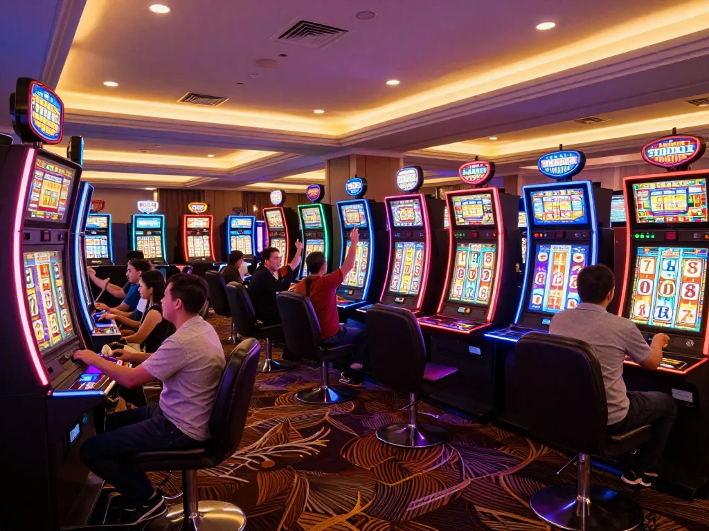 Players spinning reels at CM88SM casino, showcasing vibrant slot machines and joyful reactions