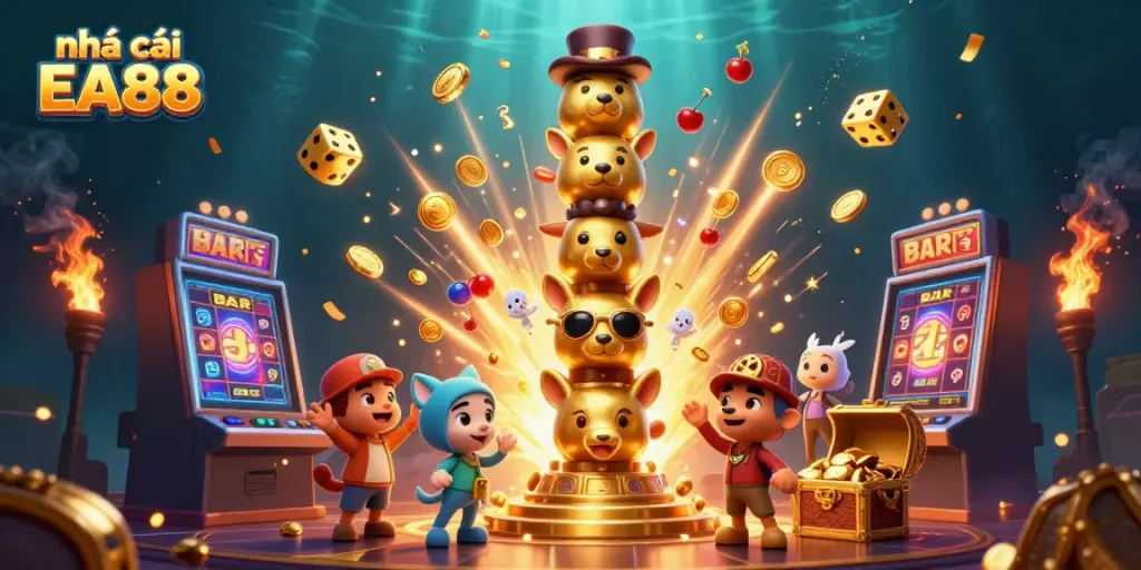 Experience the vibrant world of nha cai EA88 with golden totem poles, lively jackpot scenes, and thrilling casino elements.
