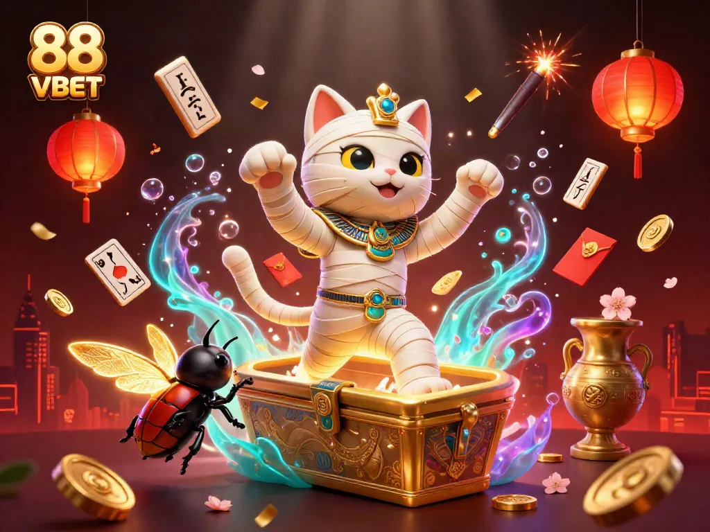Experience the excitement of 88 VBET with a vibrant 3D illustration featuring a mummy cat in a pyramid casino.