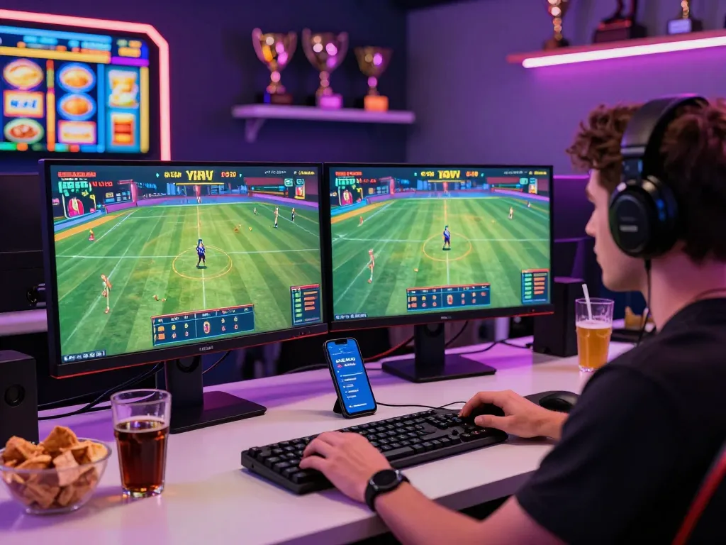 Exciting gaming scene with player engaged in link f168 online betting experience, surrounded by vibrant screens and competitive atmosphere.