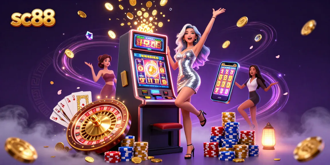 Experience excitement with sc88 as a stunning woman celebrates a jackpot at a vibrant casino.