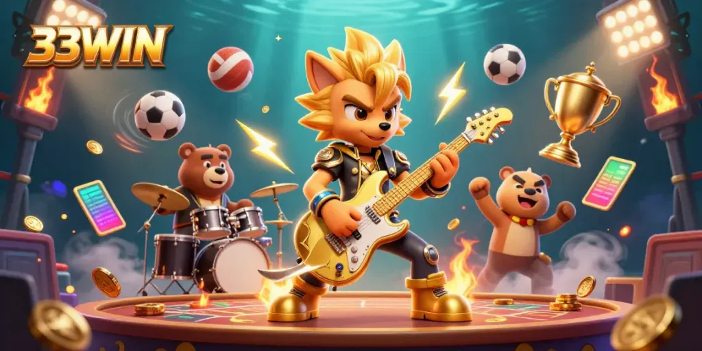 Hình ảnh 33WIN nổi bật với các nhân vật hoạt hình trong casino sống động.