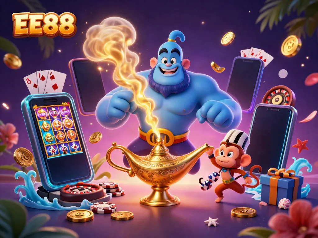 Experience exhilarating wins with EE88 at a vibrant casino scene featuring a magical genie and poker elements.