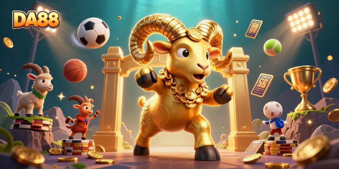 DA88 showcases an epic casino scene with a golden ram charging at a gate amidst colorful sports elements.
