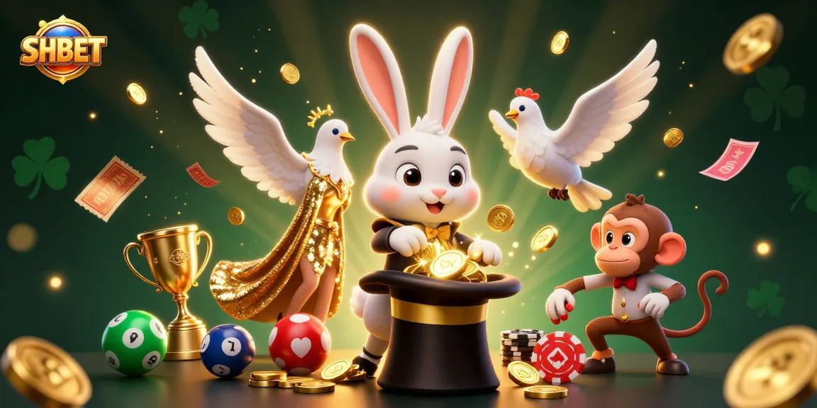 Experience SHBET's thrilling atmosphere with a vibrant illustration of a magician rabbit, dove, and monkey amidst dynamic lottery action.