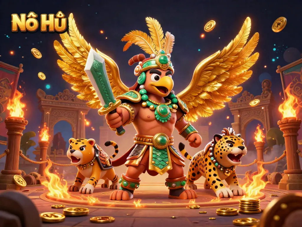 Win big with Nổ Hũ as Aztec warriors celebrate in a visually stunning 3D illustration.