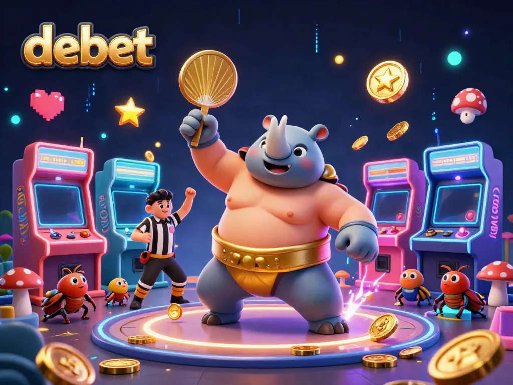 Experience thrilling gameplay as the debet mascot stomps with golden coins in a vibrant gambling scene.